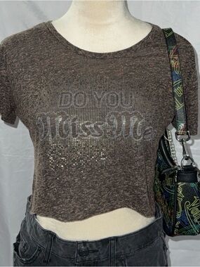 Miss Me Heathered Brown Rhinestone Cropped Tee